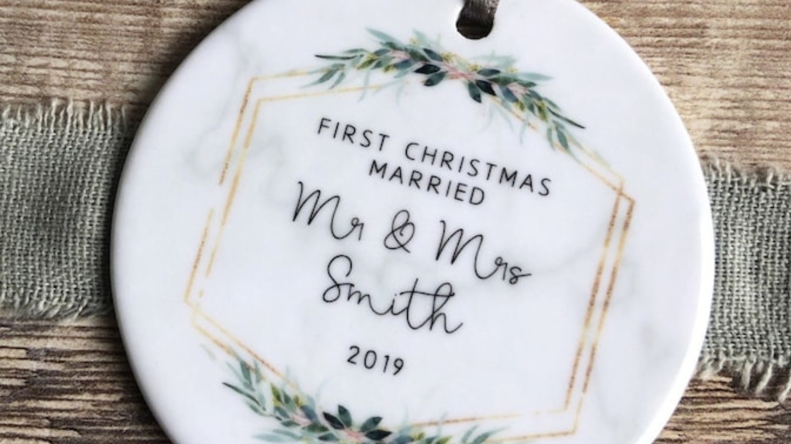 personalized 1st christmas married ornament, marble style botanical design on ceramic round decoration, perfect keepsake for newlyweds