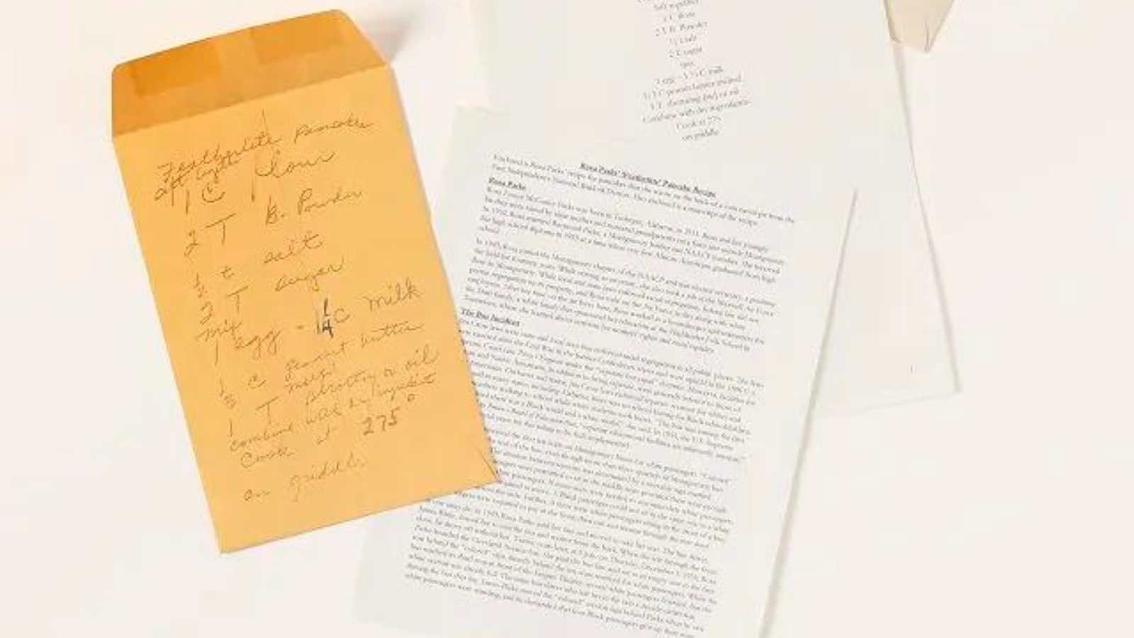 paper of handwritten recipes from famous figures such as George Washington, Emily Dickinson, and Rosa Parks