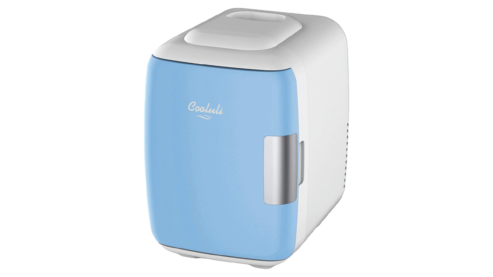 display of a blue color portable electric mini fridge